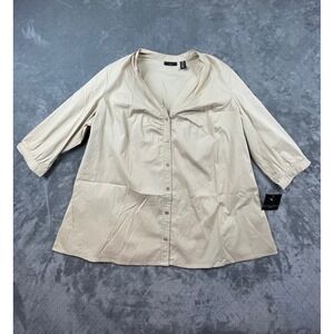 Apostrophe Woman 22W Beige 3/4 Sleeve V-Neck Button‎ Front Blouse Top
